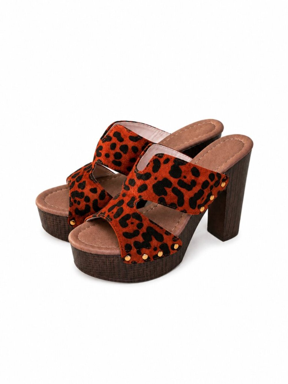 NWOT Y2K Leopard Platform Mule Heels Wooden Block Heel Slip-On Sandals Size 7